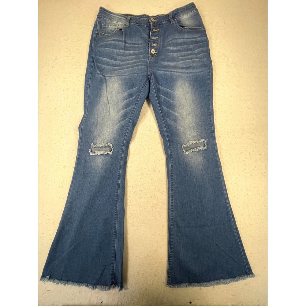 Womens Jeans W28xL30 Blue Denim Cotton Stretch Flared Leg‎ Raw Hem Distressed